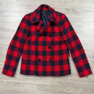 J. Crew Red & Black Plaid Wool Peacoat